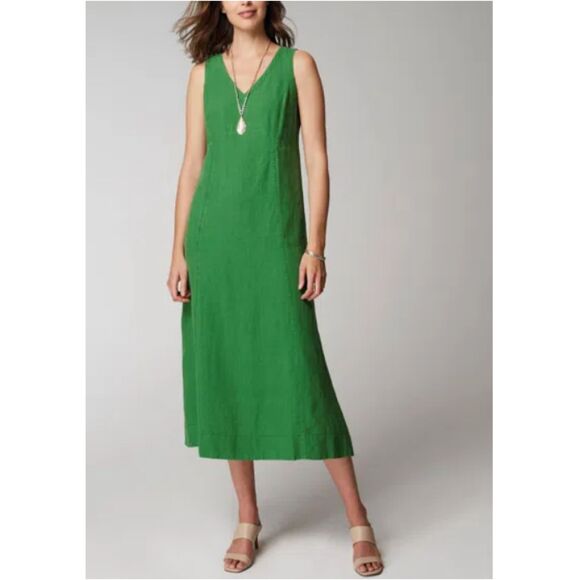 J.Jill Rainforest Linen Seamed V-Neck Midi Dress Women’s Size Small Green Chic - Picture 1 of 7